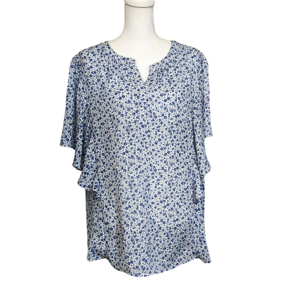 Chaps Blouse White with Blue Flowers Flutter Sleeves Button Neck Womens Size XXL